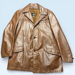Vintage The Leather Shop Coat Mens 42 Tall Brown Leather Overcoat Sears 70s